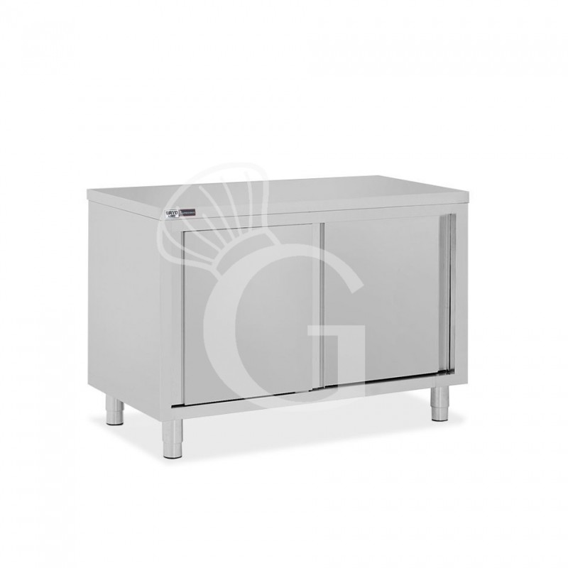 Schranktisch / Arbeitsschrank, Edelstahl, 2 Schiebetüren, B 1200 mm x T 600 mm x H 850 mm