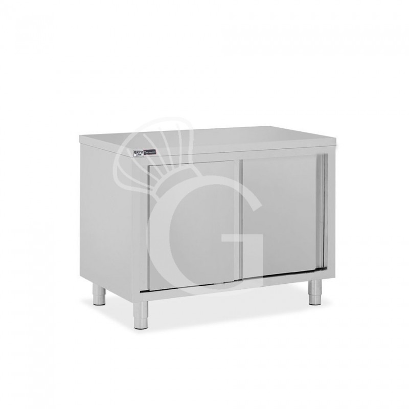 Schranktisch / Arbeitsschrank, Edelstahl, 2 Schiebetüren, B 1100 mm x T 700 mm x H 850 mm