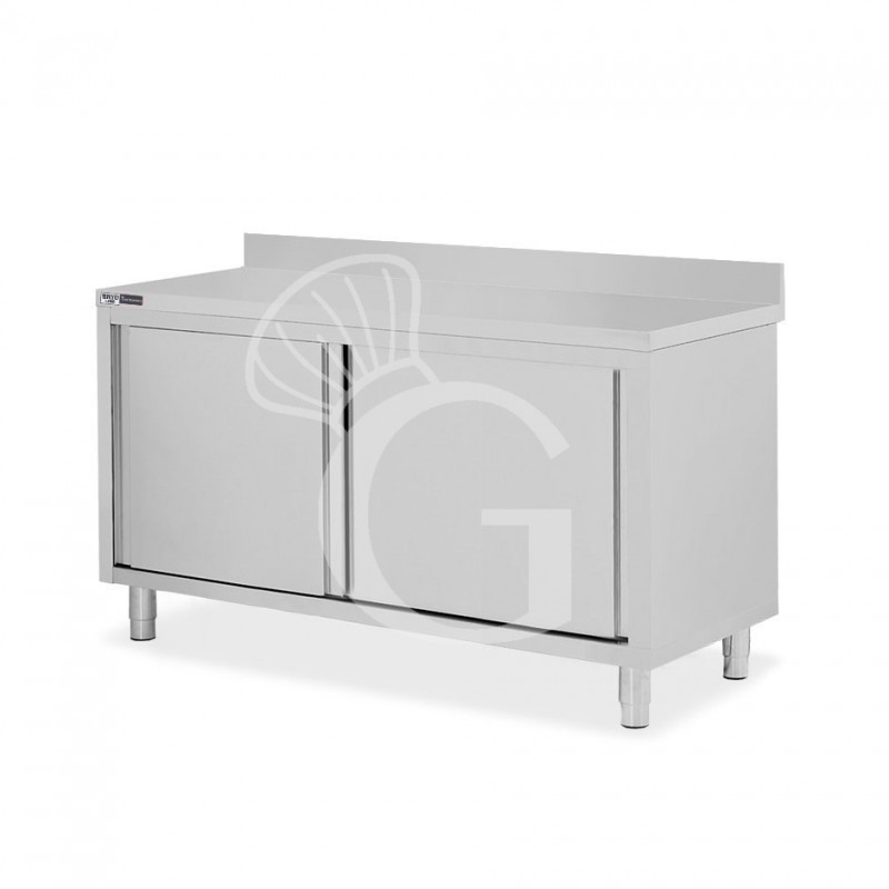 Schranktisch / Arbeitsschrank, Edelstahl, 2 Schiebetüren, Aufkantung, B 1600 mm x T 600 mm x H 950 mm