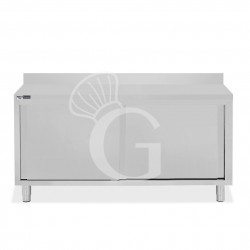 Schranktisch / Arbeitsschrank, Edelstahl, 2 Schiebetüren, Aufkantung, B 2000 mm x T 600 mm x H 950 mm