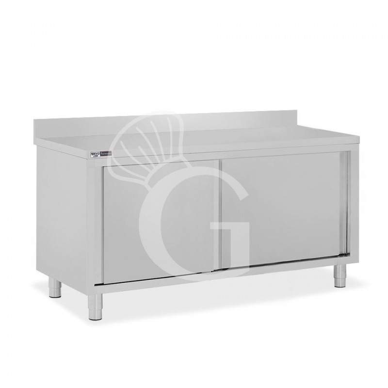 Schranktisch / Arbeitsschrank, Edelstahl, 2 Schiebetüren, Aufkantung, B 2000 mm x T 600 mm x H 950 mm