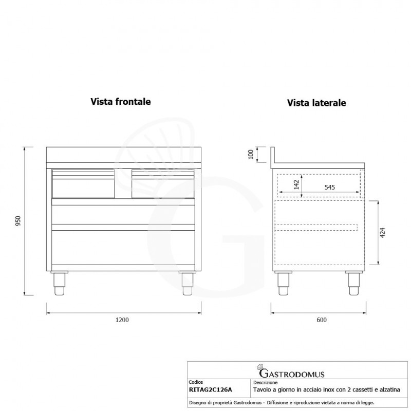 Offener Edelstahltisch 2 Schubladen Aufsatz B 1200 mm x T 600 mm x H 950 mm