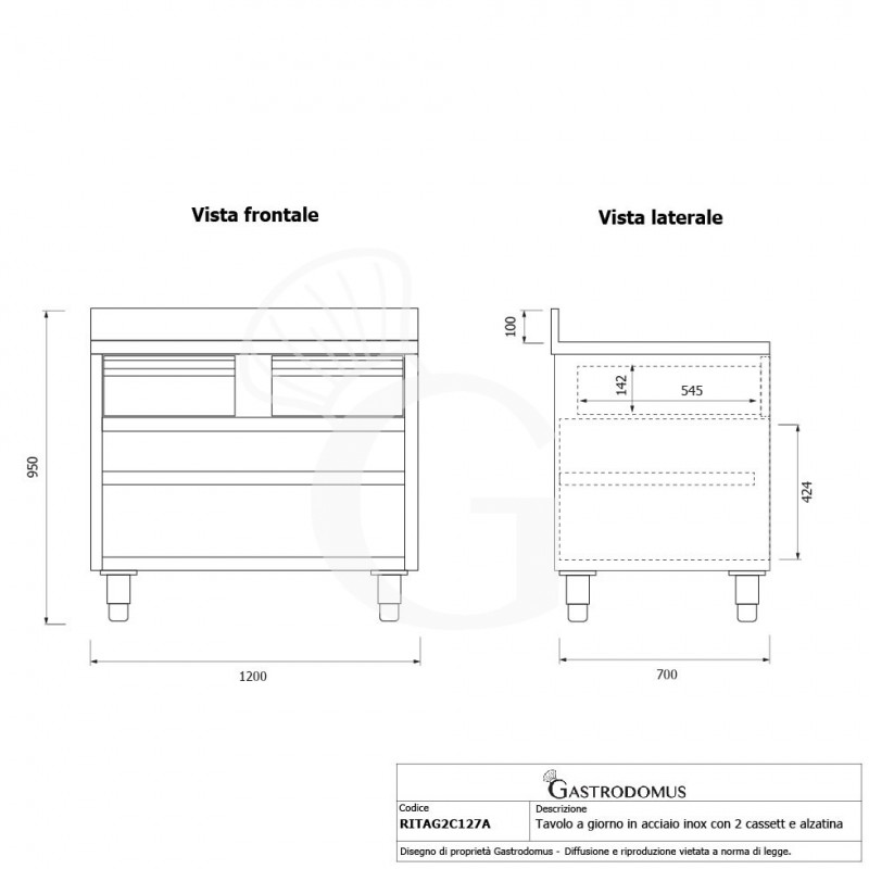 Offener Edelstahltisch 2 Schubladen Aufsatz B 1200 mm x T 700 mm x H 950 mm
