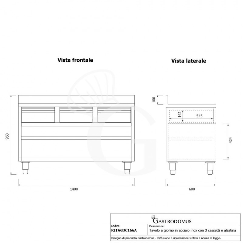 Offener Edelstahltisch 3 Schubladen Aufsatz B 1600 mm x T 600 mm x H 950 mm