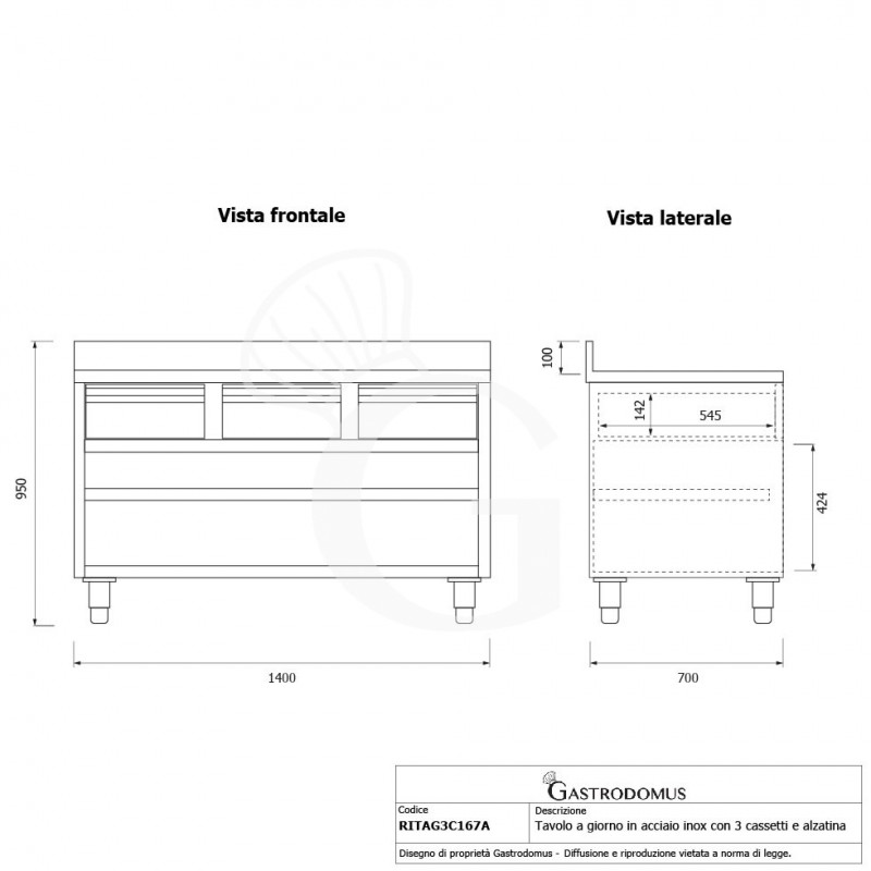 Offener Edelstahltisch 3 Schubladen Aufsatz B 1600 mm x T 700 mm x H 950 mm