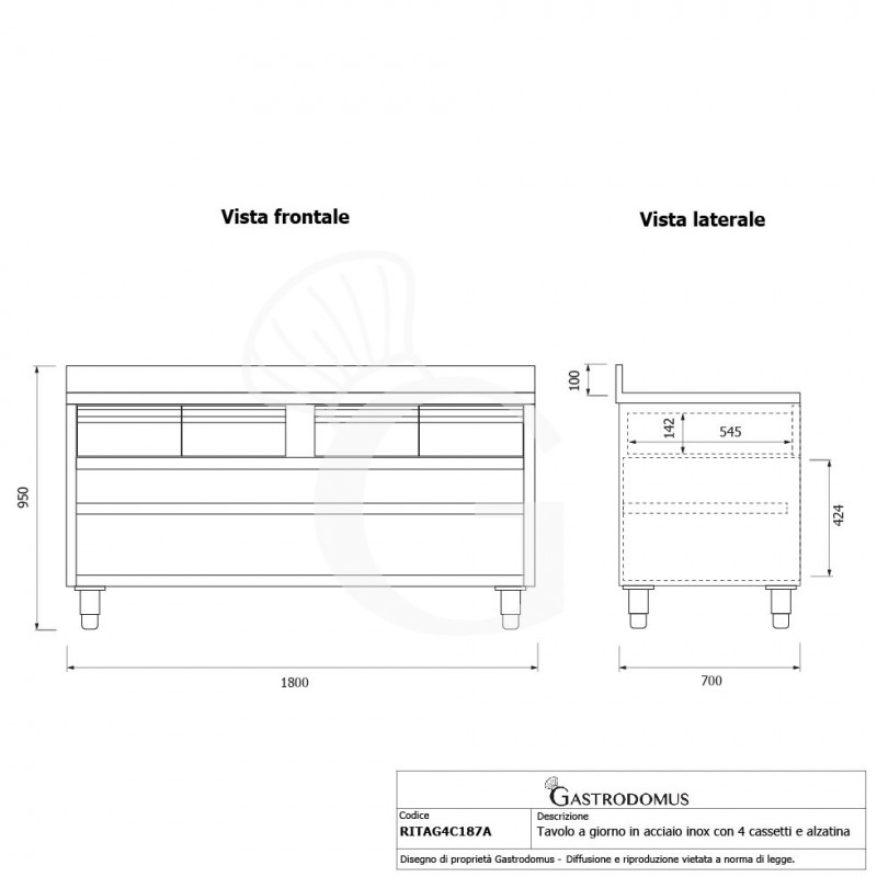 Offener Edelstahltisch 4 Schubladen Aufsatz B 1800 mm x T 700 mm x H 950 mm