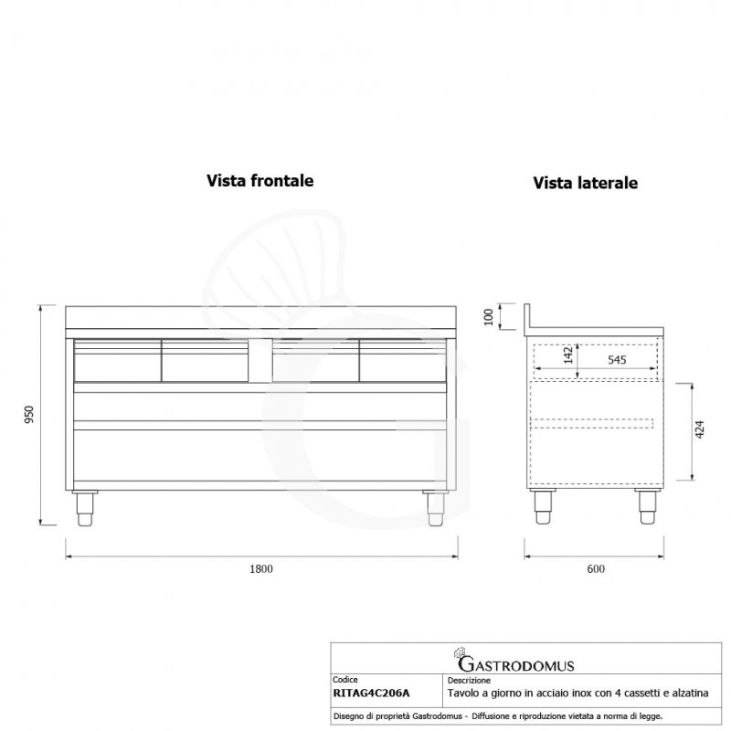 Offener Edelstahltisch 4 Schubladen Aufsatz B 2000 mm x T 600 mm x H 950 mm