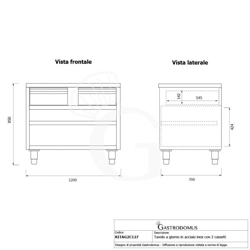 Offener Edelstahltisch 2 Schubladen B 1200 mm x T 700 mm x H 850 mm
