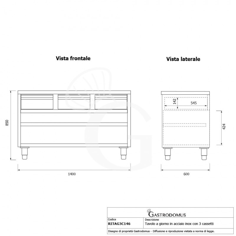 Offener Edelstahltisch 3 Schubladen B 1400 mm x T 600 mm x H 850 mm