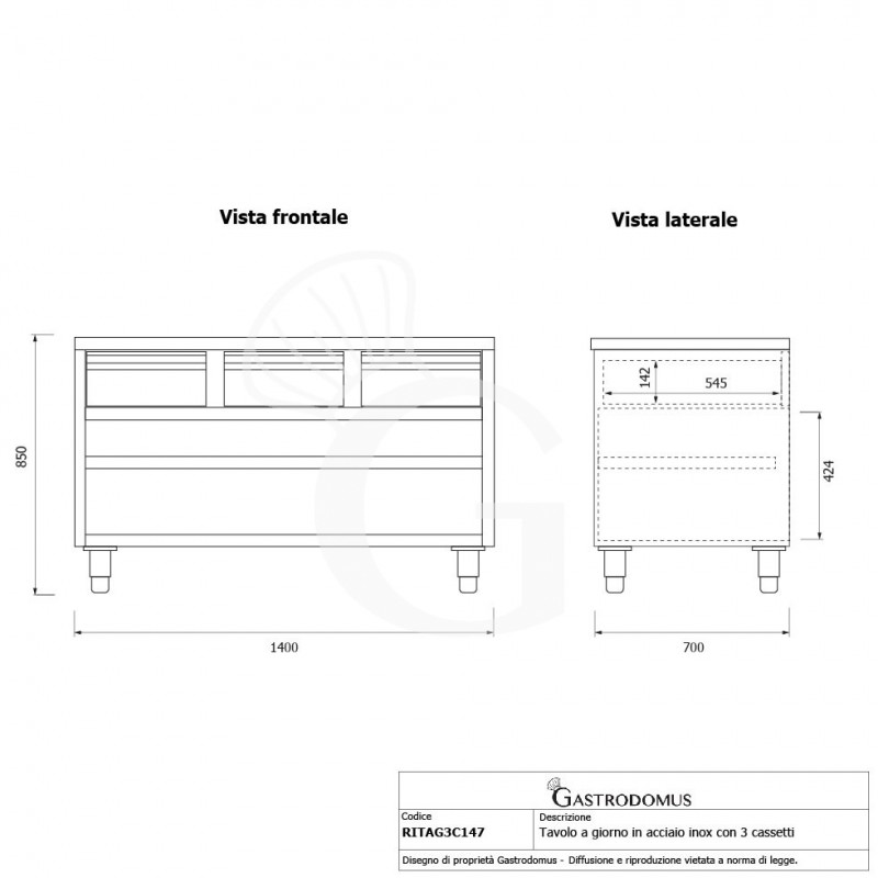Offener Edelstahltisch 3 Schubladen B 1400 mm x T 700 mm x H 850 mm