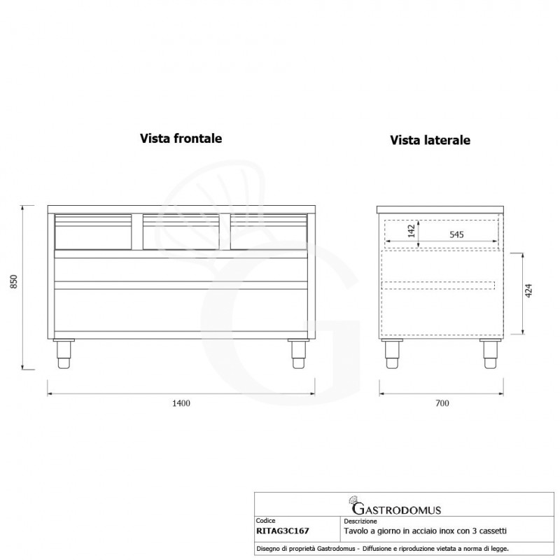 Offener Edelstahltisch 3 Schubladen B 1600 mm x T 700 mm x H 850 mm