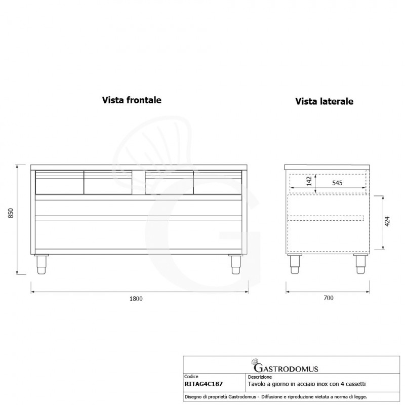 Offener Edelstahltisch 4 Schubladen B 1800 mm x T 700 mm x H 850 mm