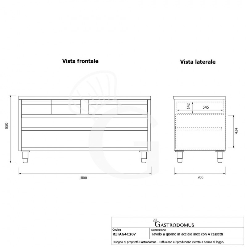 Offener Edelstahltisch 4 Schubladen B 2000 mm x T 700 mm x H 850 mm