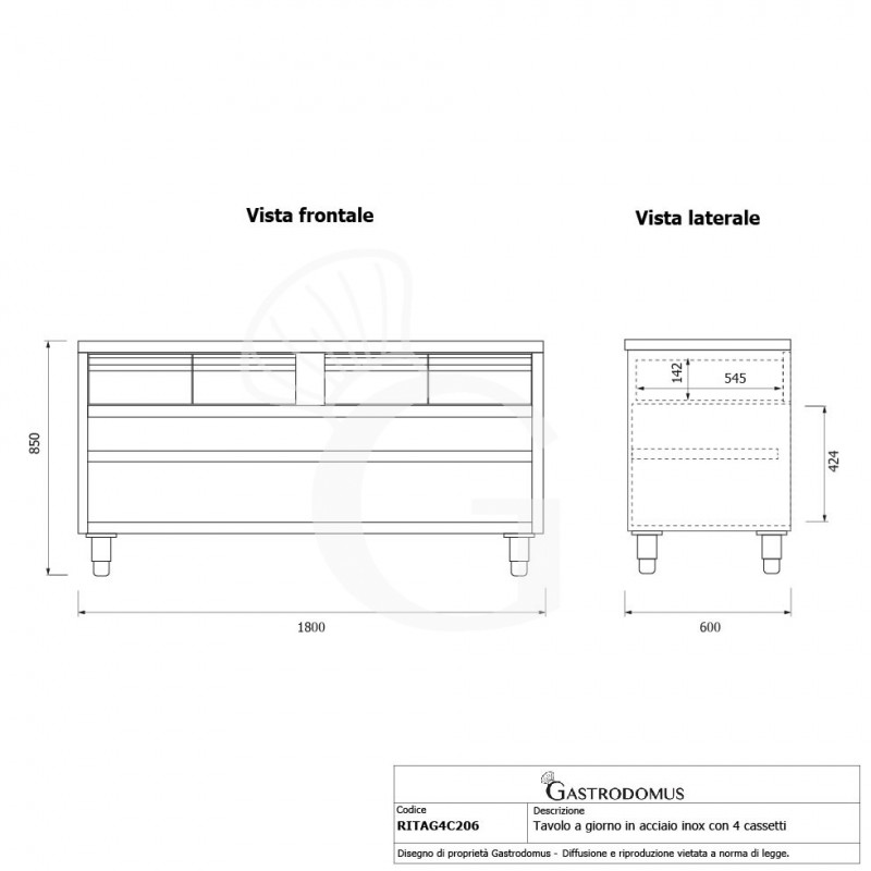 Offener Edelstahltisch 4 Schubladen B 2000 mm x T 600 mm x H 850 mm