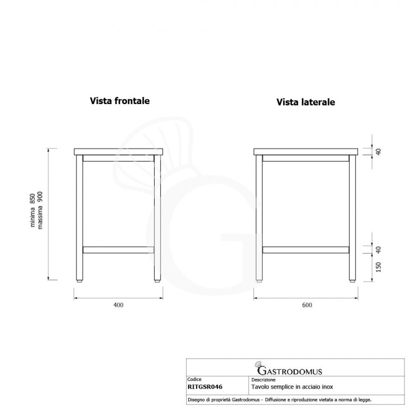 Edelstahltisch  B 400 mm x T 600 mm x H 850 mm