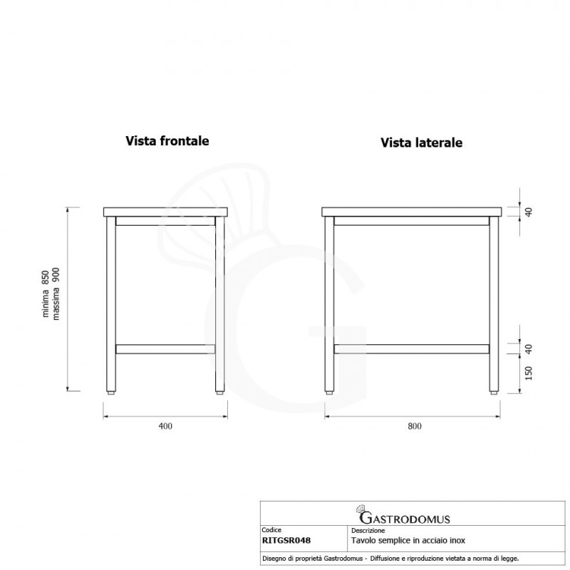 Edelstahltisch B 400 mm x T 800 mm x H 850 mm