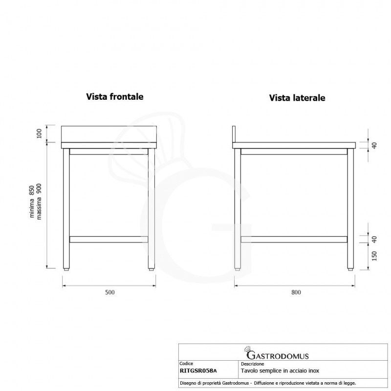Edelstahltisch mit Aufsatz B 500 mm x T 800 mm x H 950 mm