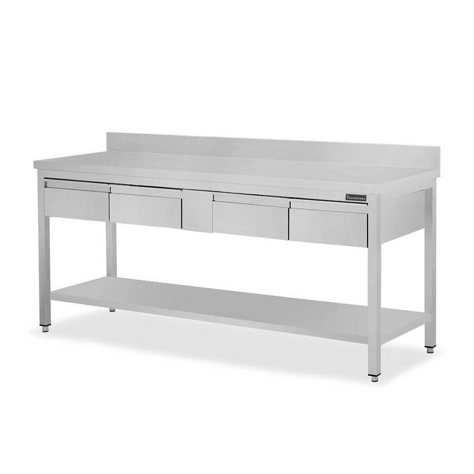 Edelstahltisch Grundbden Aufsatz 4 Schubladen B 2000 mm x T 800 mm x H 950 mm