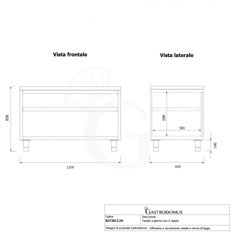 Offener Edelstahltisch 2 Regalböden B 1200 mm x T 600 mm x H 850 mm