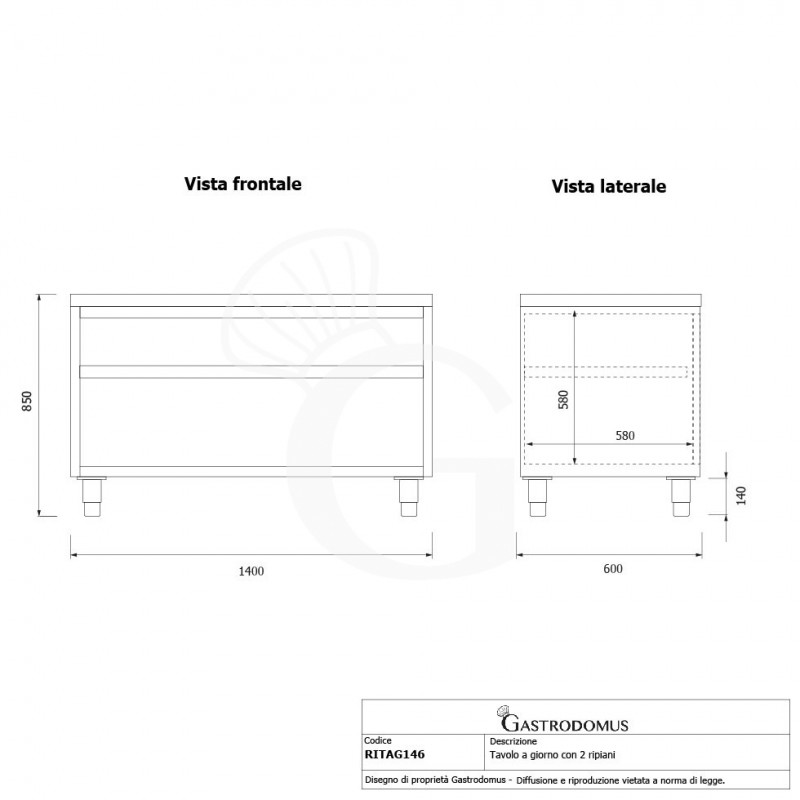 Offener Edelstahltisch 2 Regalböden B 1400 mm x T 600 mm x H 850 mm