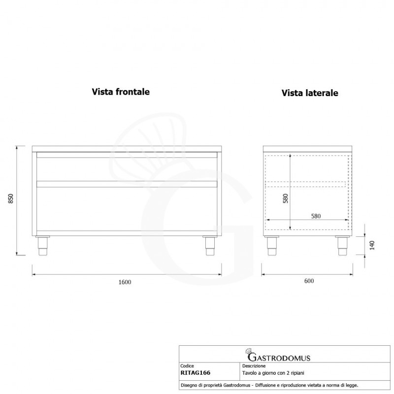 Offener Edelstahltisch 2 Regalböden B 1600 mm x T 600 mm x H 850 mm