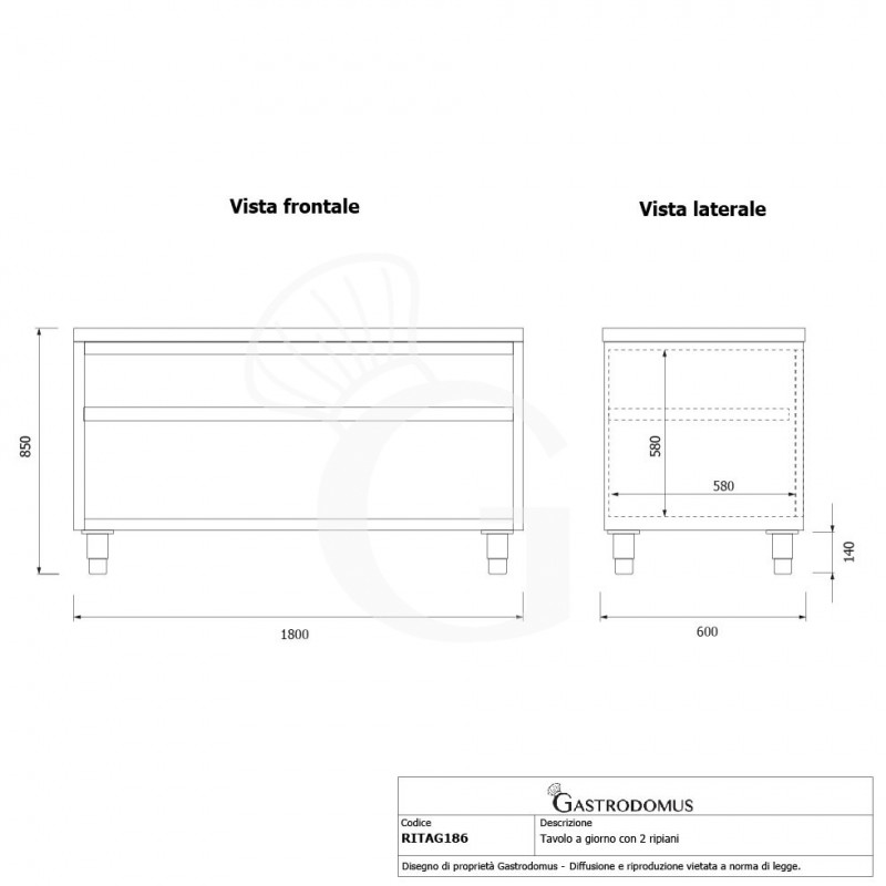 Offener Edelstahltisch 2 Regalböden B 1800 mm x T 600 mm x H 850 mm