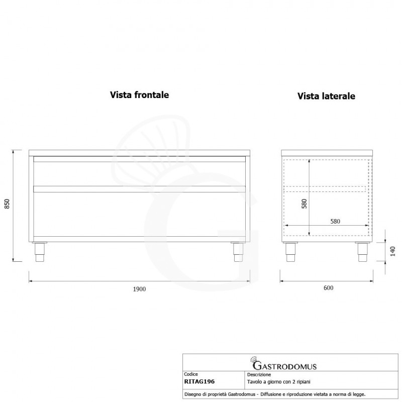 Offener Edelstahltisch 2 Regalböden B 1900 mm x T 600 mm x H 850 mm