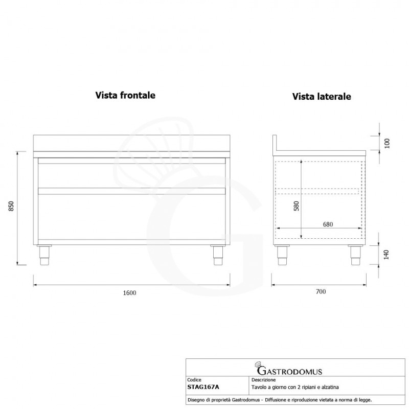 Arbeitsschrank offen, Edelstahl, 2 Regalböden, Aufkantung, B 1600 mm x T 700 mm x H 965 mm