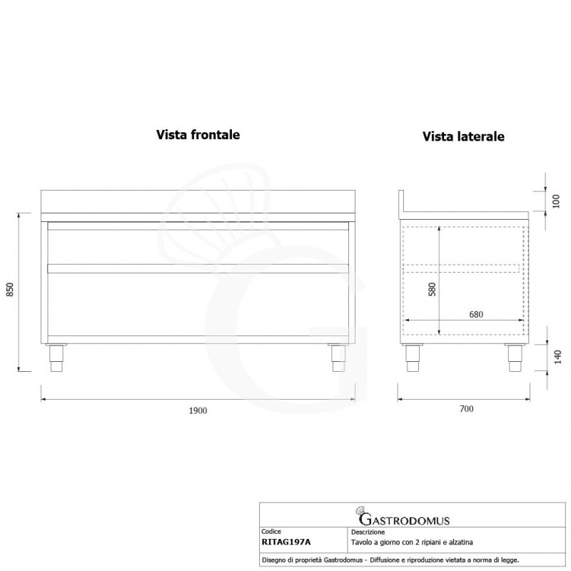 Offener Edelstahltisch 2 Regalböden Aufsatz B 1900 mm x T 700 mm x H 950 mm