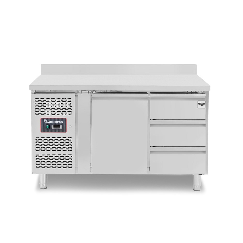 Kühltisch, 3 Schubladen, 1 Tür, Aufkantung, T 700 mm, - 2° C/ + 8° C, Motor auf der linken Seite