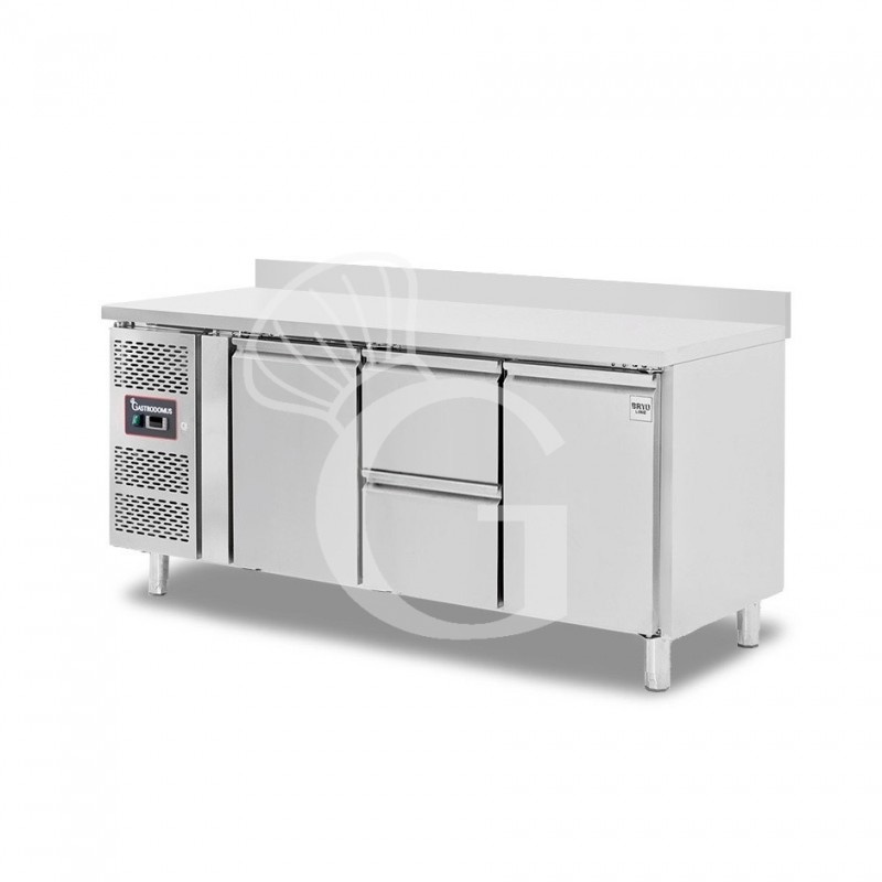 Kühltisch, 2 Schubladen, 2 Türen, Aufkantung, T 700 mm, - 2° C/ + 8° C, Motor auf der linken Seite