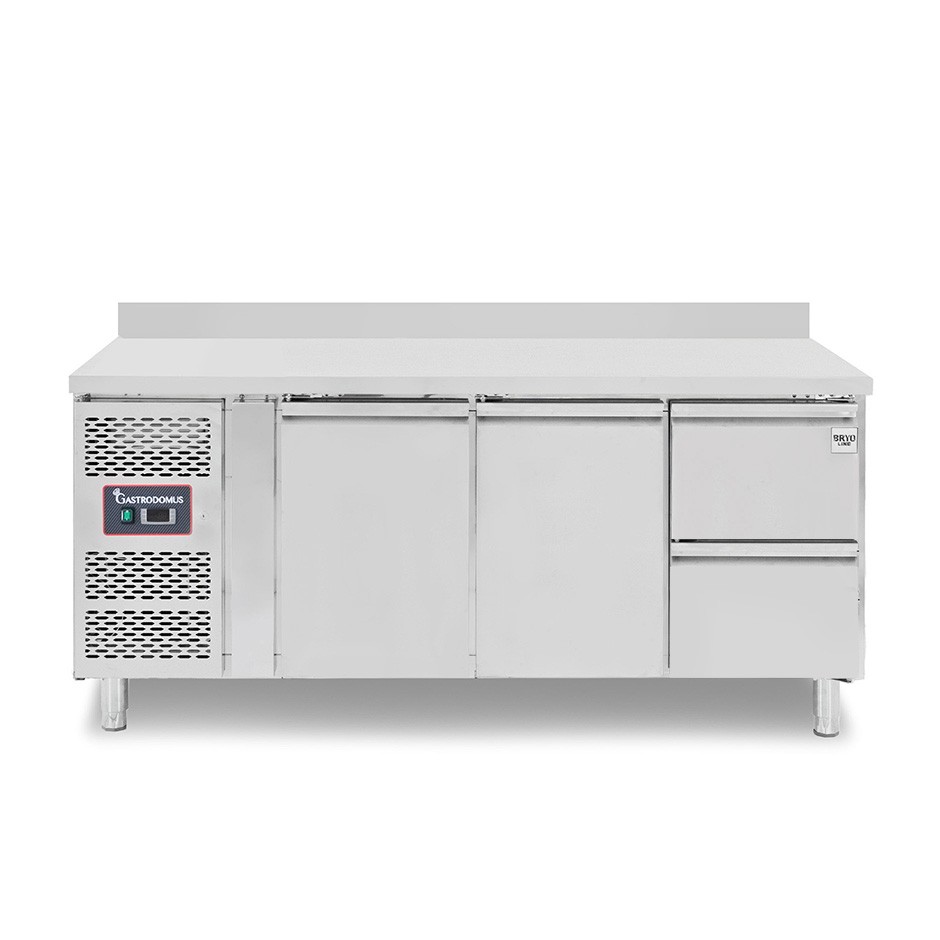 Kühltisch, 2 Schubladen, 2 Türen, Aufkantung, T 700 mm, - 2° C/ + 8° C, Motor auf der linken Seite