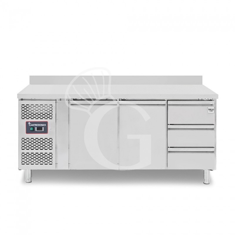 Kühltisch, 3 Schubladen, 2 Türen, Aufkantung, T 700 mm, - 2° C/ + 8° C, Motor auf der linken Seite