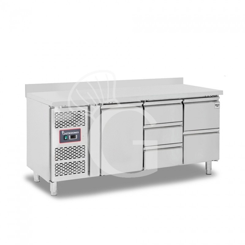 Kühltisch, 5 Schubladen, 1 Tür, Aufkantung, T 700 mm, - 2° C/ + 8° C, Motor auf der linken Seite