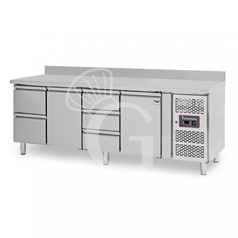 Kühltisch, 2 Türen, 5 Schubladen, Aufkantung, Tiefe 700 mm, -2°C/+8°C