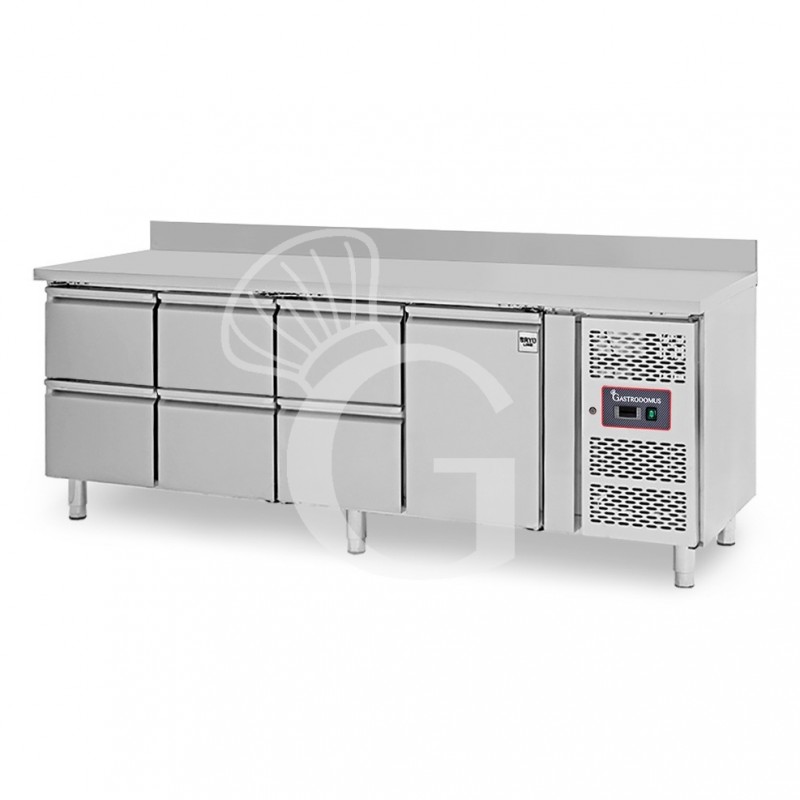 Kühltisch, 1 Tür, 6 Schubladen, Aufkantung, Tiefe 700 mm, -2°C/+8°C