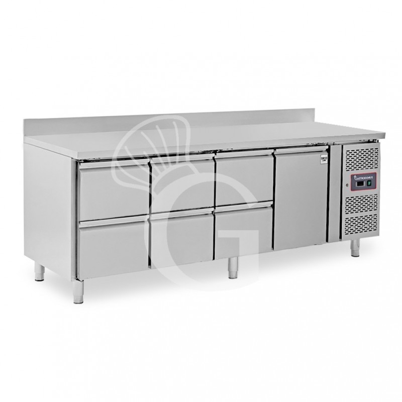 Kühltisch, 1 Tür, 6 Schubladen, Aufkantung, Tiefe 700 mm, -2°C/+8°C