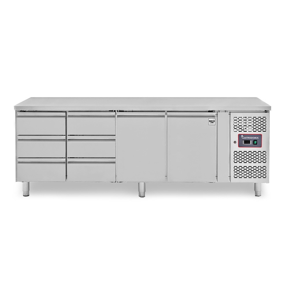 Kühltisch, 2 Türen, 6 Schubladen, Aufkantung, Tiefe 700 mm, -2°C/+8°C