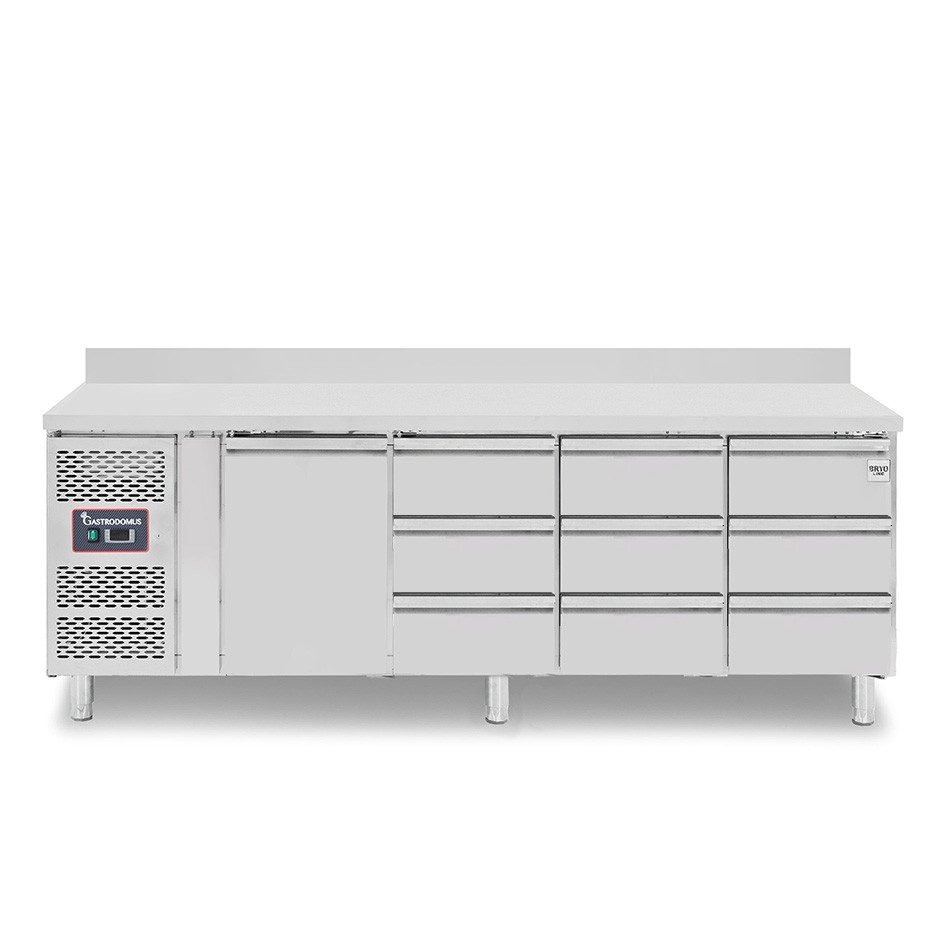 Kühltisch, 9 Schubladen, 1 Tür, T 700 mm, - 2° C/ + 8° C, Aufkantung, Motor auf der linken Seite