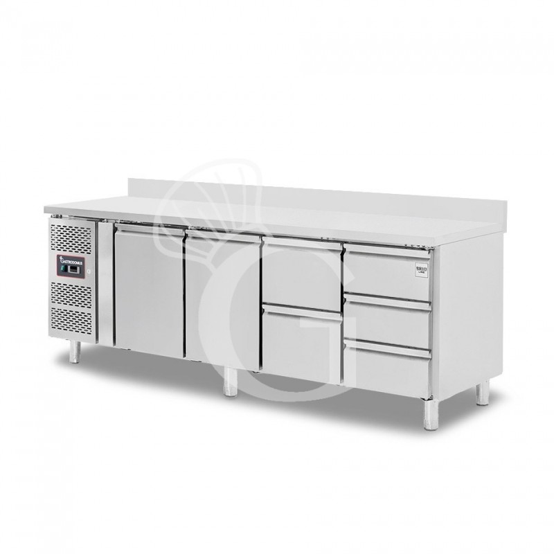 Kühltisch, 5 Schubladen, 2 Türen, T 700 mm, - 2° C/ + 8° C, Aufkantung, Motor auf der linken Seite