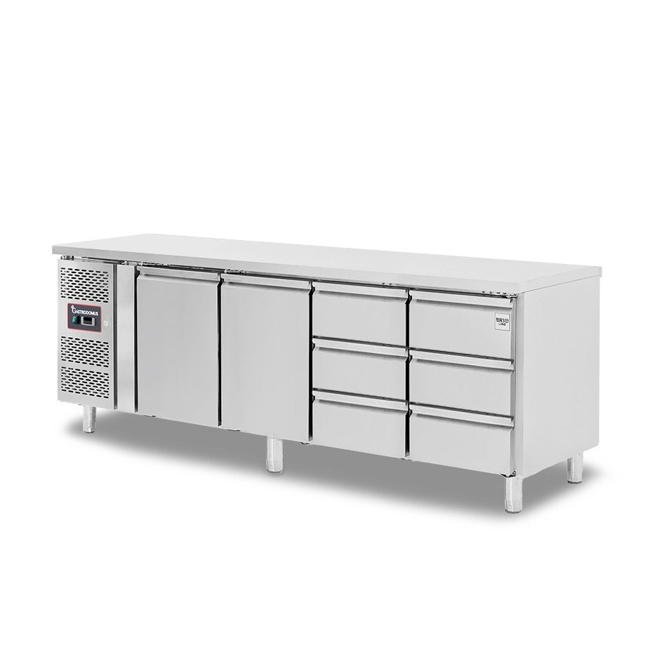 Kühltisch, 6 Schubladen, 2 Türen, T 700 mm, - 2° C/ + 8° C, Motor auf der linken Seite