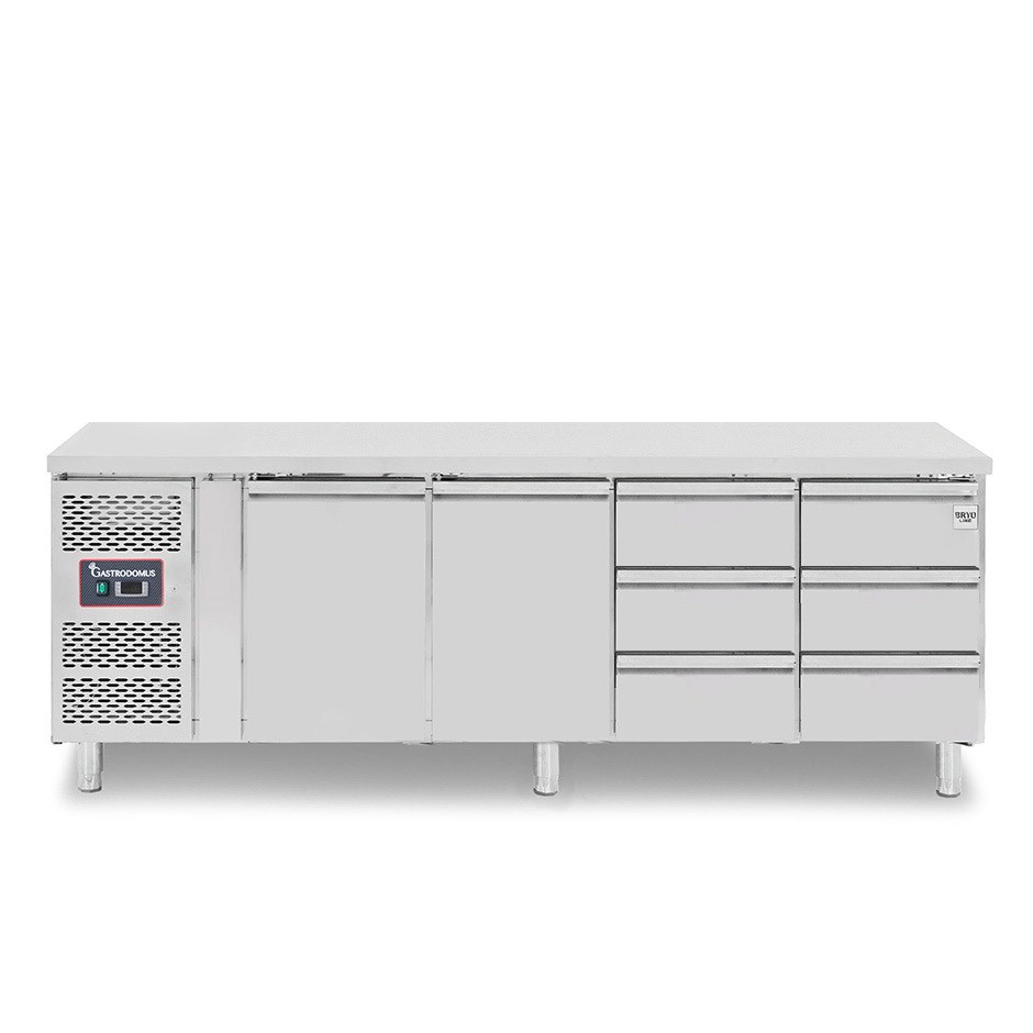 Kühltisch, 6 Schubladen, 2 Türen, T 700 mm, - 2° C/ + 8° C, Motor auf der linken Seite