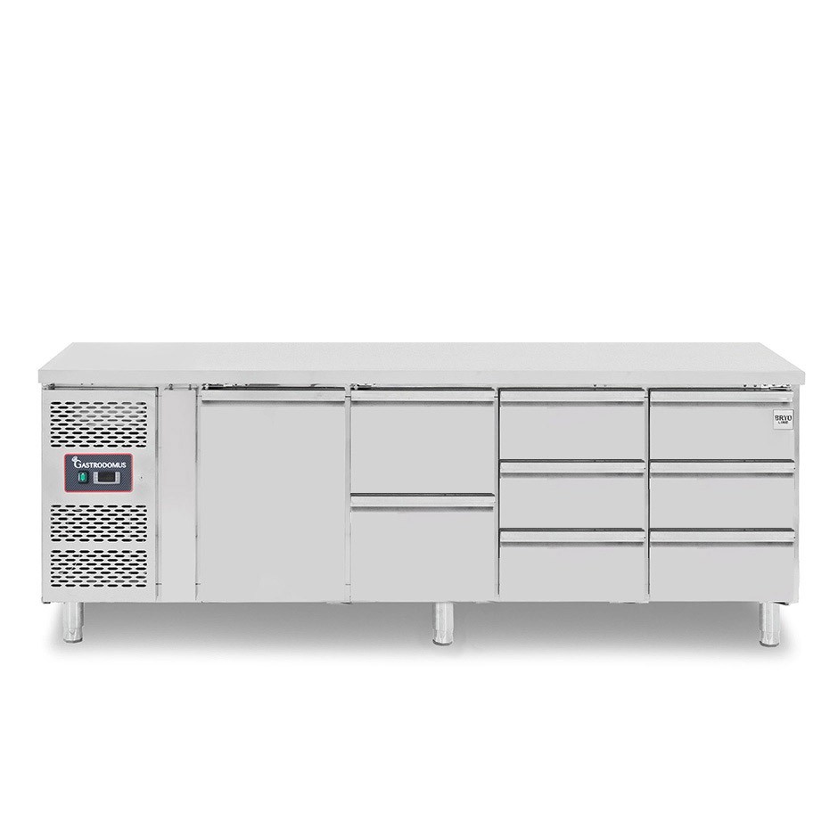 Kühltisch, 8 Schubladen, 1 Tür, T 700 mm, - 2° C/ + 8° C, Motor auf der linken Seite