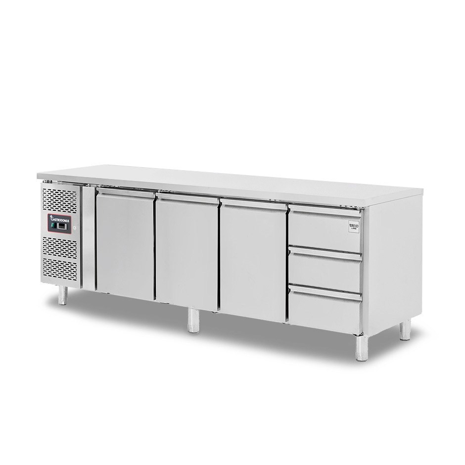 Kühltisch, 3 Schubladen, 3 Türen, T 700 mm, - 2° C/ + 8° C, Motor auf der linken Seite