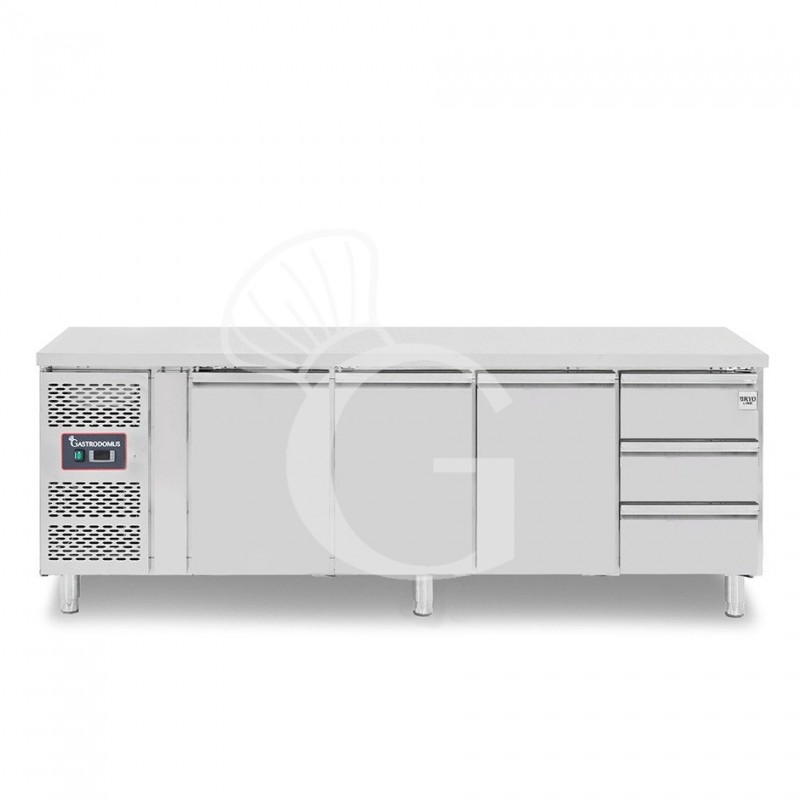 Kühltisch, 3 Schubladen, 3 Türen, T 700 mm, - 2° C/ + 8° C, Motor auf der linken Seite