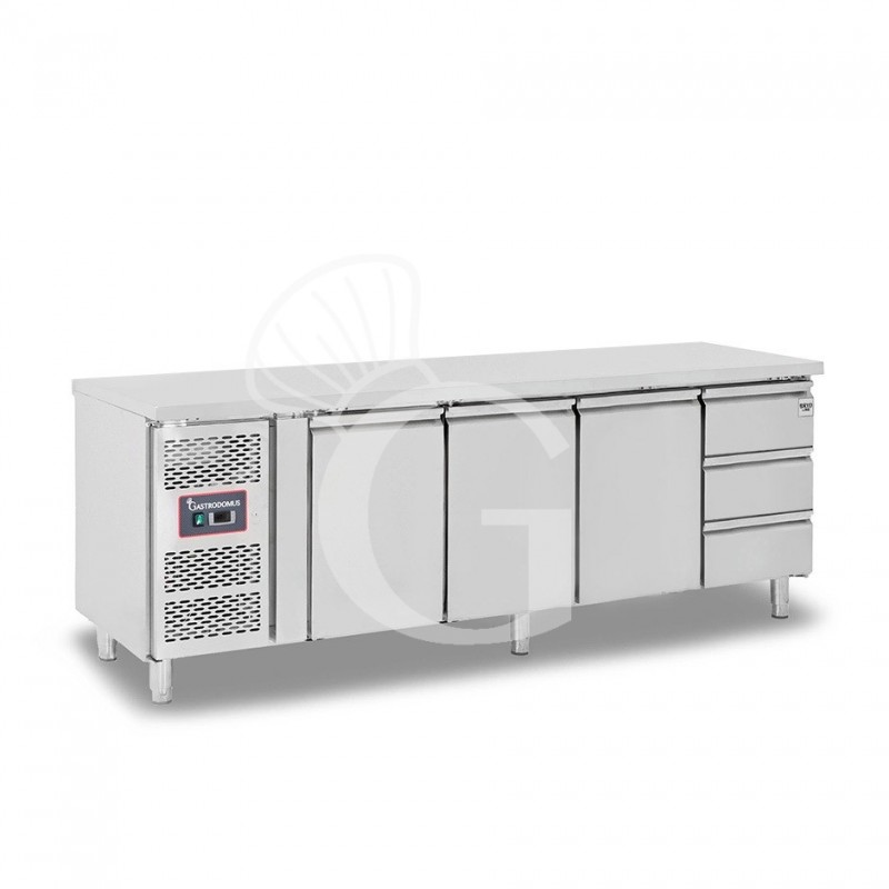 Kühltisch, 3 Schubladen, 3 Türen, T 700 mm, - 2° C/ + 8° C, Motor auf der linken Seite