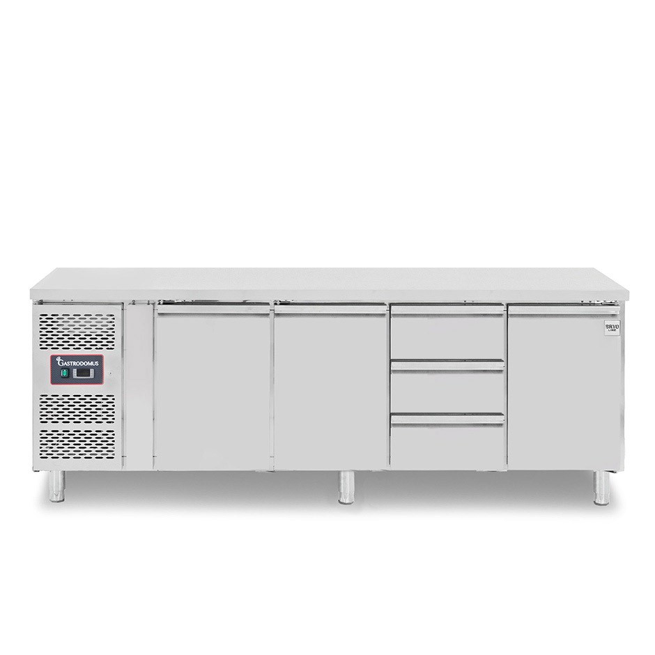 Kühltisch, 3 Schubladen, 3 Türen, T 700 mm, - 2° C/ + 8° C, Motor auf der linken Seite