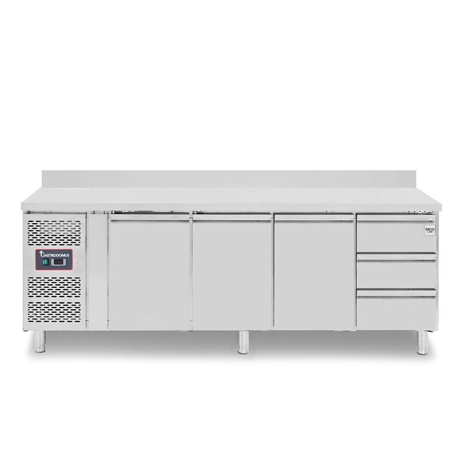 Kühltisch, 3 Schubladen, 3 Türen, T 700 mm, - 2° C/ + 8° C, Aufkantung, Motor auf der linken Seite