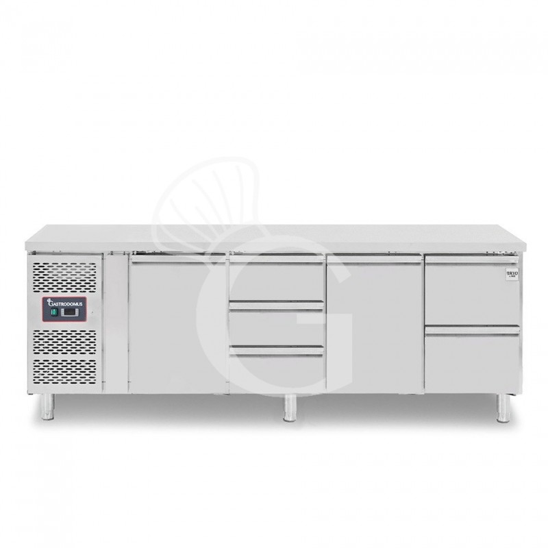 Kühltisch, 5 Schubladen, 2 Türen, T 700 mm, - 2° C/ + 8° C, Motor auf der linken Seite