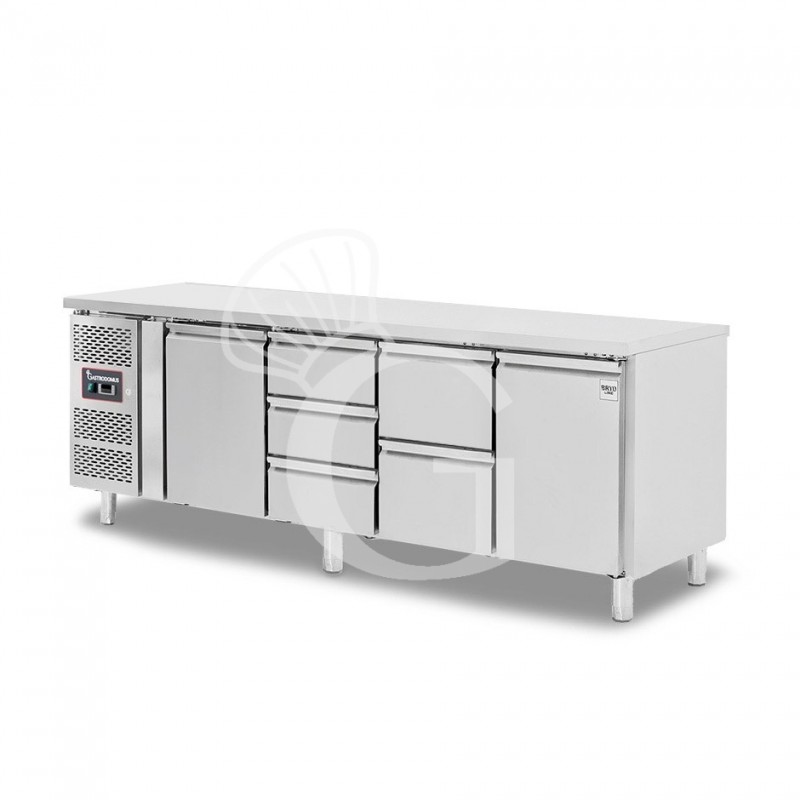 Kühltisch, 5 Schubladen, 2 Türen, T 700 mm, - 2° C/ + 8° C, Motor auf der linken Seite